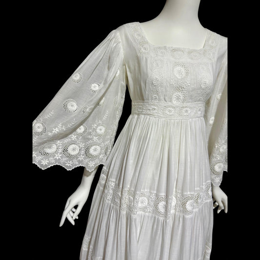 1970s Mexican Wedding dress, White batiste cotton embroidered empire ball gown