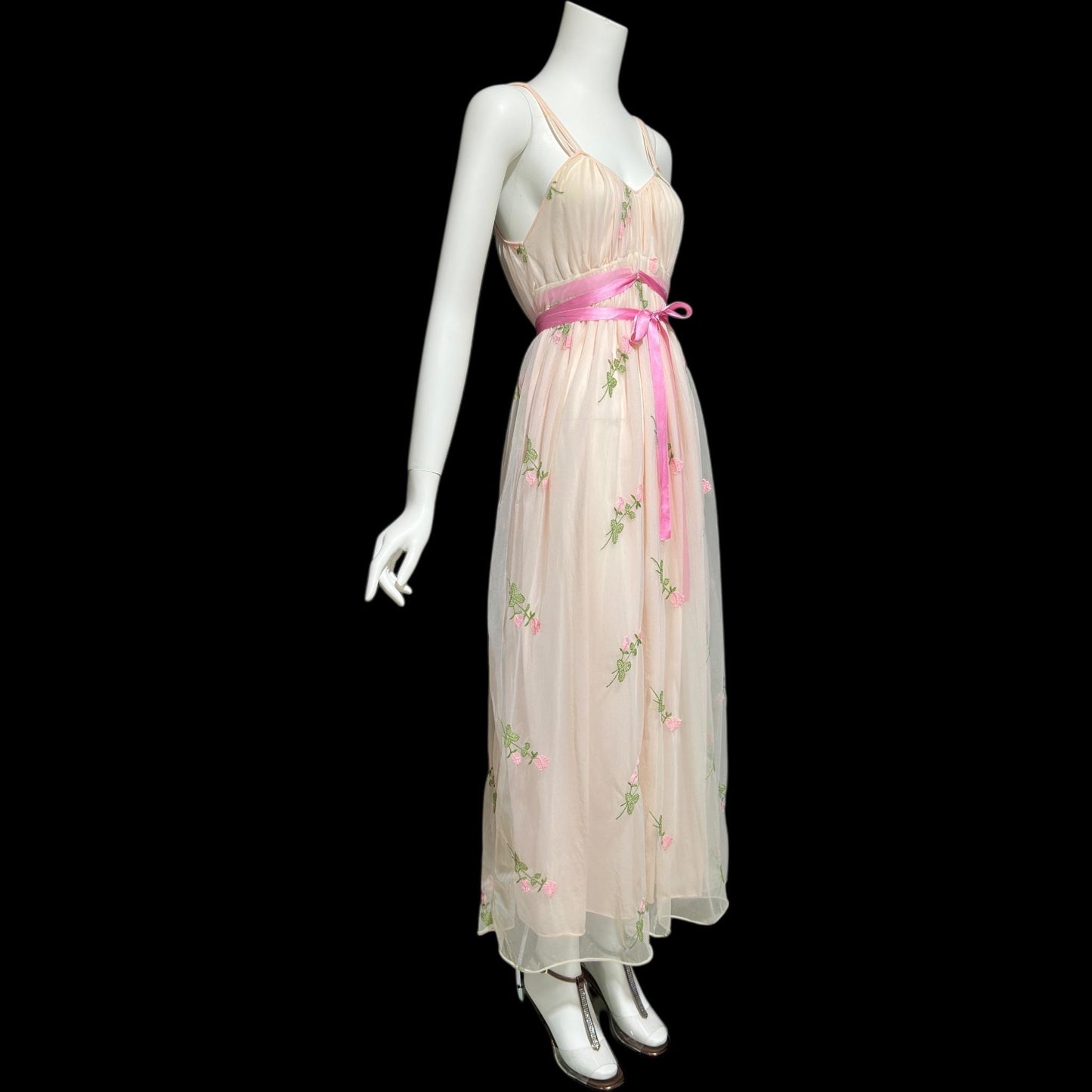 1950s Vintage nightgown slip dress, pink embroidered scattered rosebuds