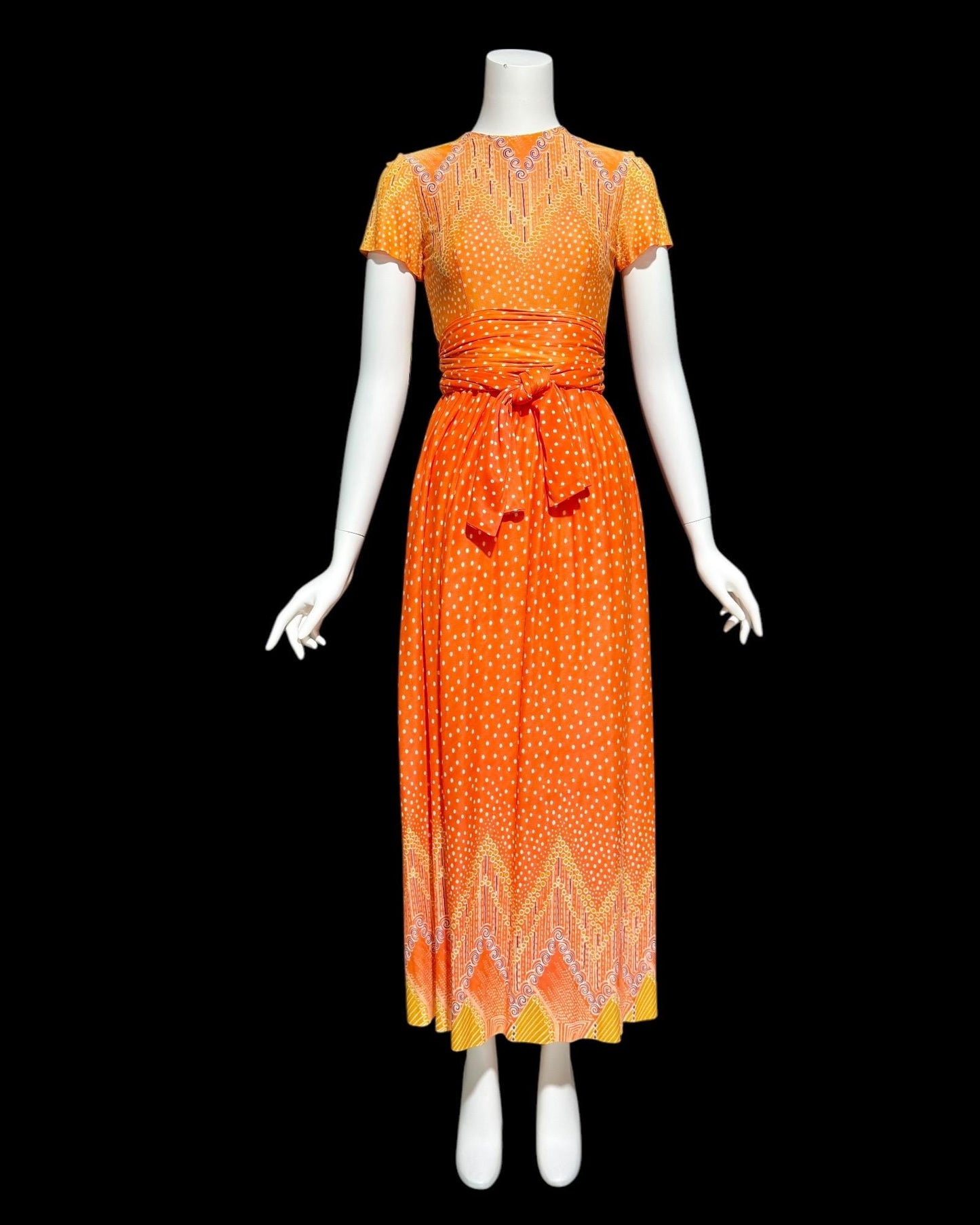 SARMI NY, Vintage 1960s Orange Op Art slinky knit maxi party dress