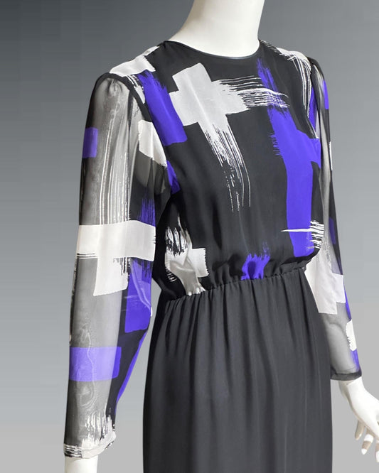 HANAE MORI for MARTHA Palm Beach, vintage 1970s chiffon evening gown, black and purple sheer blouson