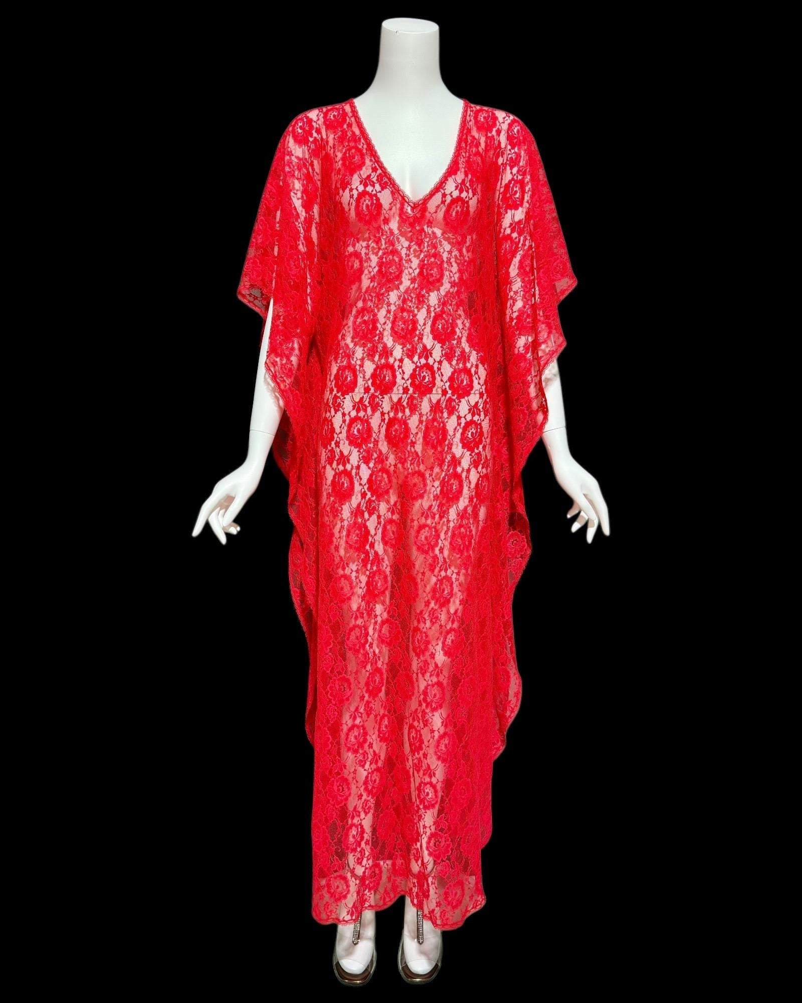 GLYDONS vintage 1960s caftan dress, Red lace sheer see through nylon kaftan loose house dress, nightgown hostess lounging gown, one size