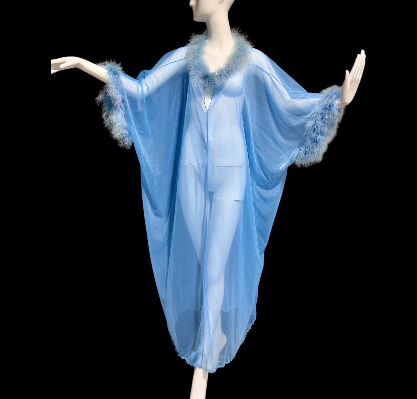 JENELLE of California, vintage 1960s nightgown caftan, Sheer blue nylon with marabou feathers, loose house dress lounging gown