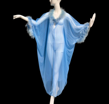 JENELLE of California, vintage 1960s nightgown caftan, Sheer blue nylon with marabou feathers, loose house dress lounging gown