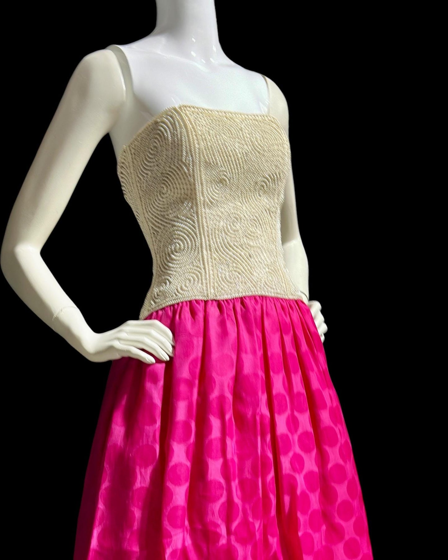 RICHILENE vintage 1980s Lord & Taylor strapless evening dress, white beaded hot pink polka dot skirt ball gown