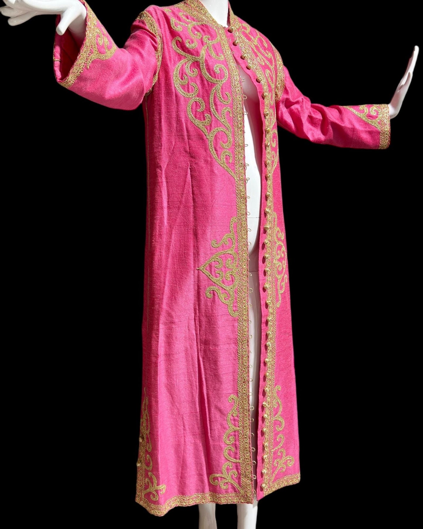 MOURJANA vintage 1960s raw silk Moroccan caftan dress, Hand Made Hot Pink and gold metallic embroidered Kaftan