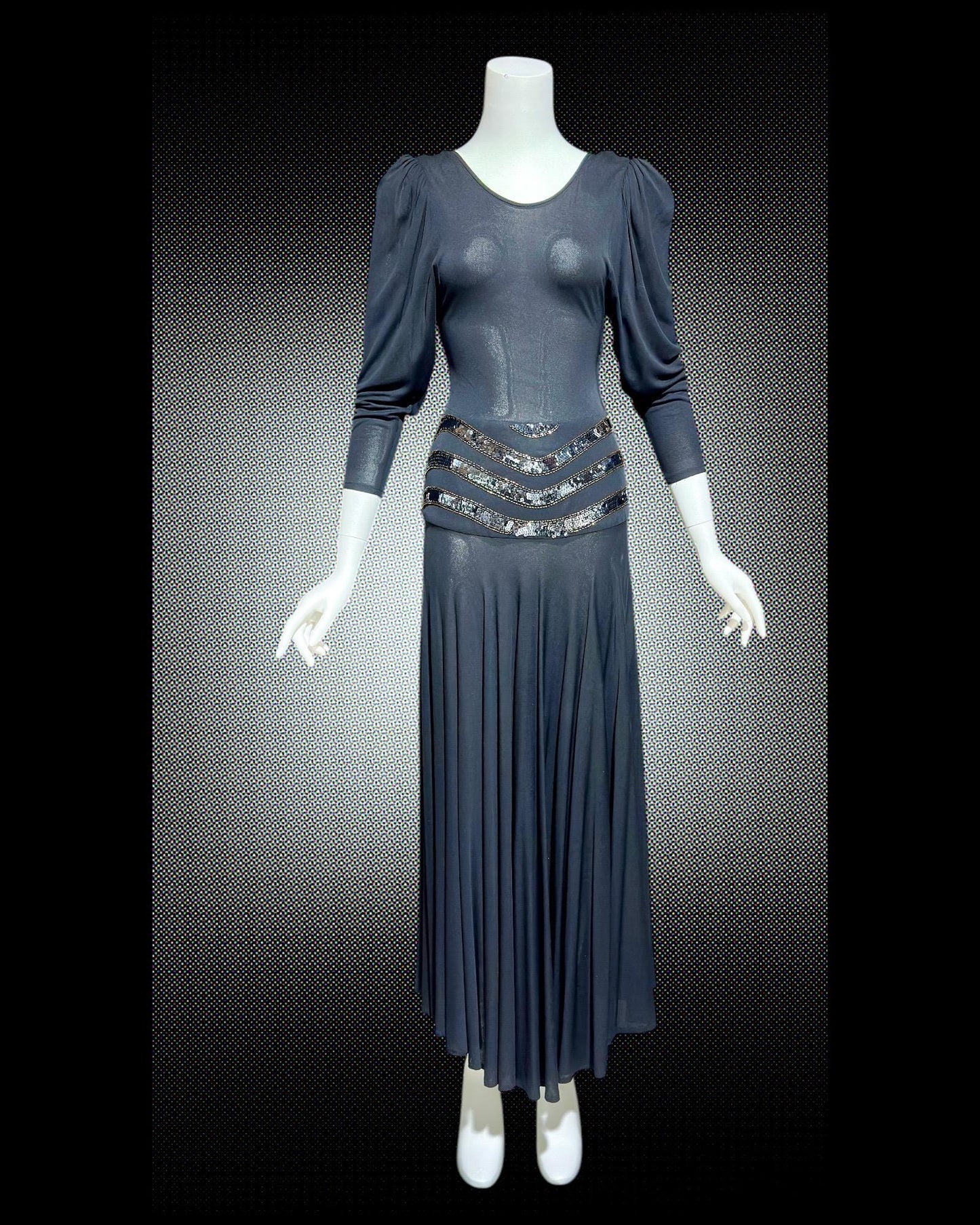 SAKS FIFTH AVENUE Made in England, 1970s evening dress, black jersey knit and sequins, 40s style dress