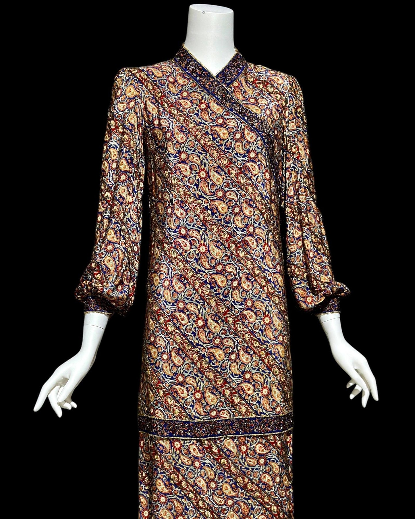 1960s vintage silk shift dress, long sleeve beaded paisley cocktail party dress