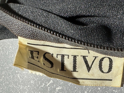 ESTIVO vintage 1970s bell bottom jumpsuit, black poly knit disco jumpsuit, embroidery & rhinestones