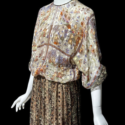 MOLLIE PARNIS, vintage 1970s evening dress, brown silk blouson formal gown
