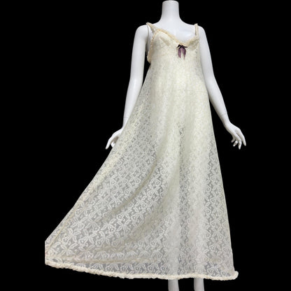 1950s vintage nightgown slip dress, ethereal sheer creamy lace night dress with ruffles