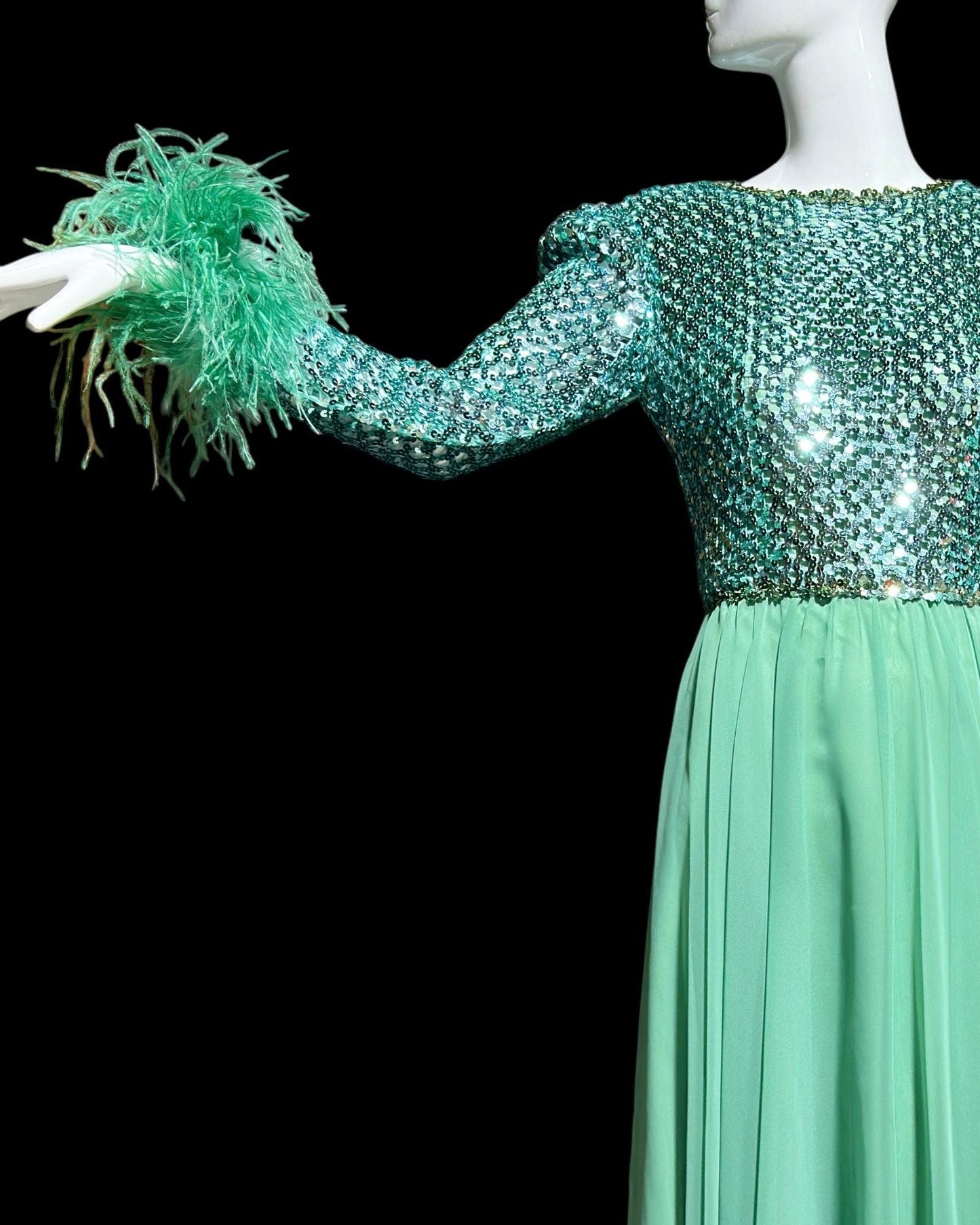 Custom Made, vintage 1970s evening dress gown, sea green chiffon and sequin ball gown with Ostrich Feathers