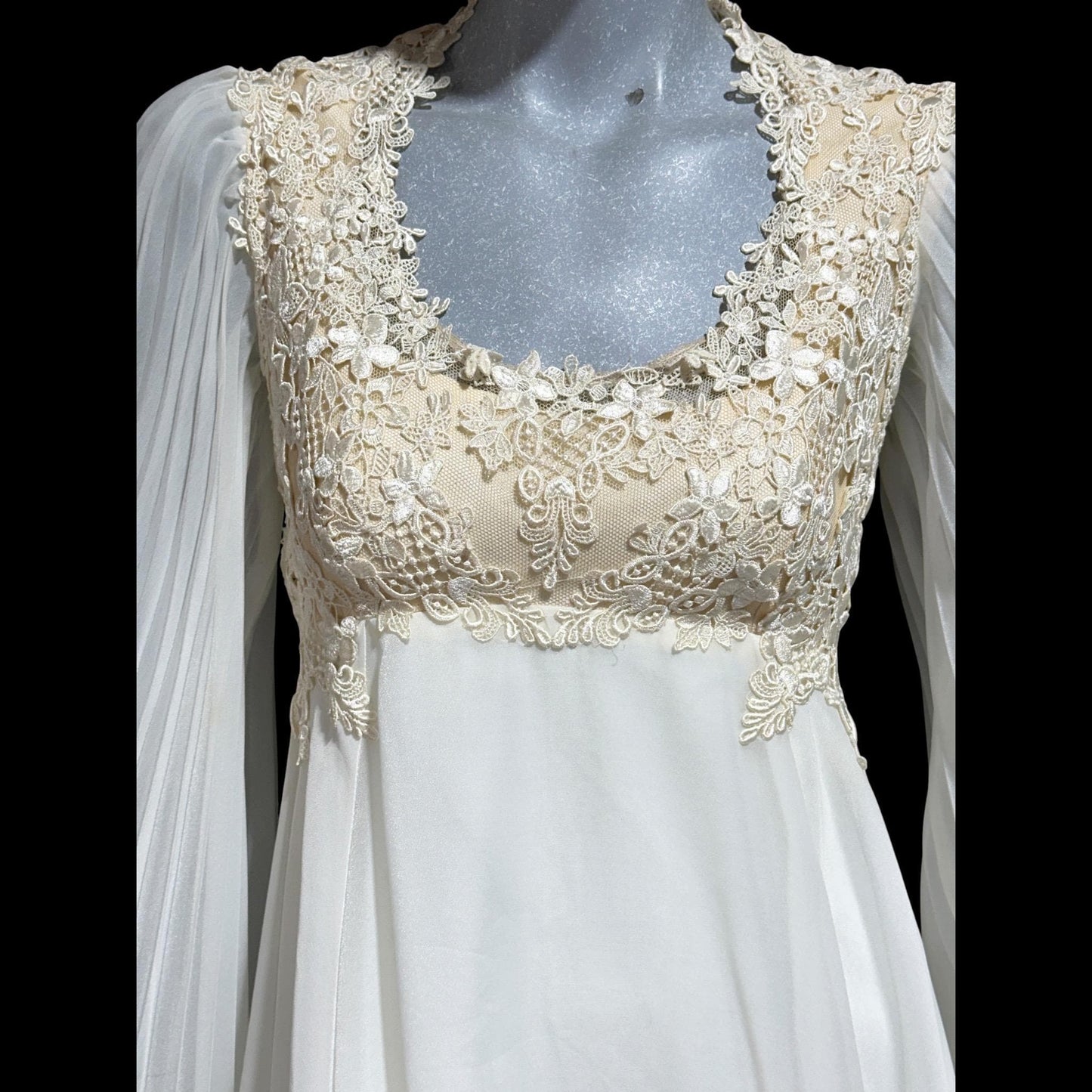 1970s vintage Wedding dress gown, White pleated bell sleeve gown, Hippie Bohemian dress