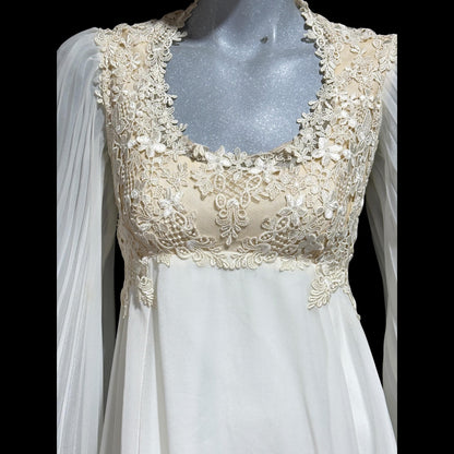 1970s vintage Wedding dress gown, White pleated bell sleeve gown, Hippie Bohemian dress