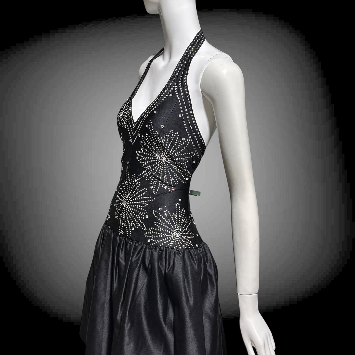 1970s Halter Party Mini Dress: Vintage black bubble skirt with rhinestone studs