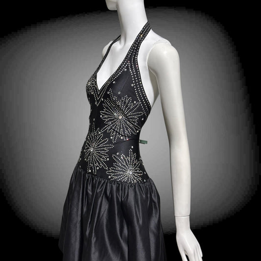 1970s Halter Party Mini Dress: Vintage black bubble skirt with rhinestone studs
