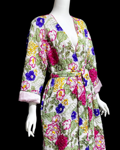 MARY MCFADDEN vintage quilted floral robe, 1980s bold flowers wrap front full length long robe, medium