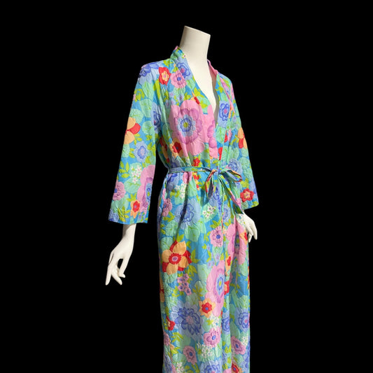STELLA FAGIN, vintage 1960s Robe, Long Airy Blue and Pink Embossed Flower Wrap Front dressing gown