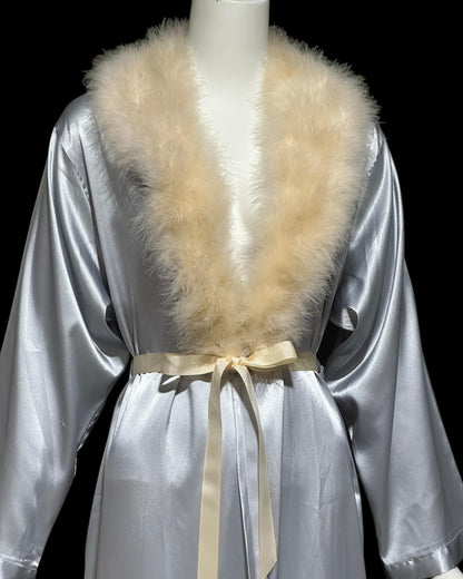 NATORI vintage 1980s dressing gown robe, shiny silver grey marabou feather trim peignoir housecoat