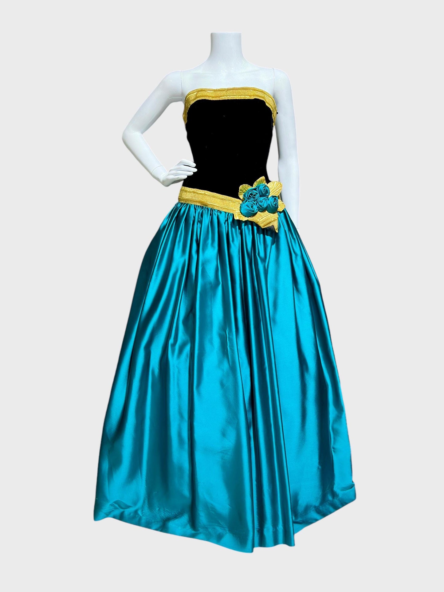 EUGENE ALEXANDER for Neiman Marcus, 1980s evening dress, black & teal rosette ball gown