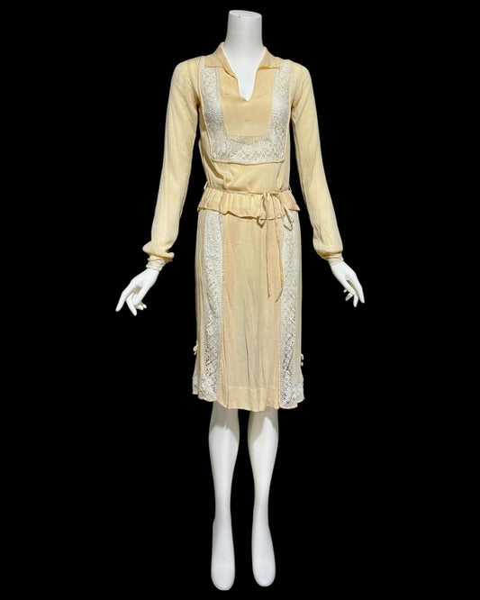 1920s vintage creamy yellow day dress with white lace dress, Hungarian antique flapper dress