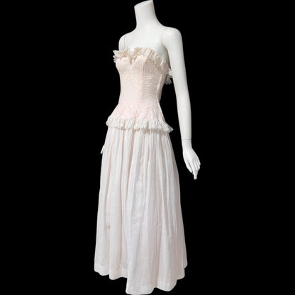 1940s vintage dress gown, soft petal pink and white cotton eyelet, with white organdy evening wedding gown