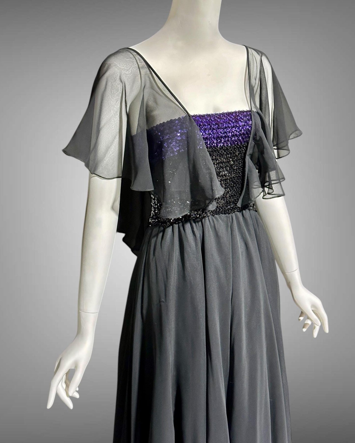 JEAN VARON vintage 1970s sequin and chiffon evening party dress, stretchy tube top