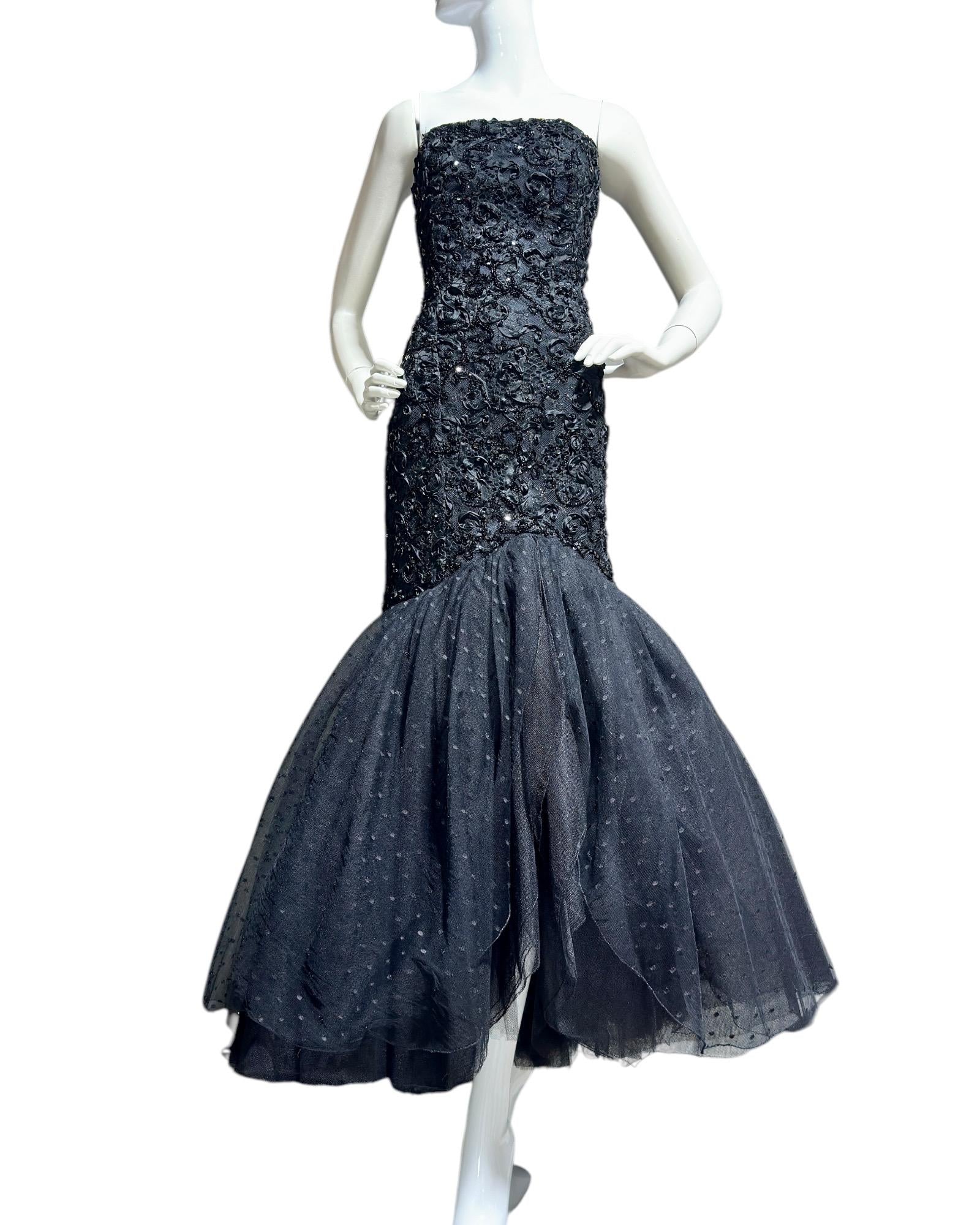 DAVID FIELDEN, vintage evening dress gown, 1980s Neiman Marcus, Black Mermaid sequin gown, Strapless