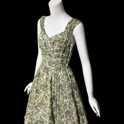 JD JUNIOR ACCENT, vintage 1940s dress, Bombshell Cocktail party sundress, Shelf bust dress, Green paisley rhinestone pinup dress