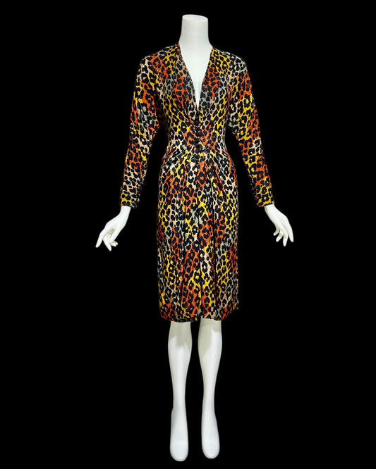 ADOLFO vintage 1980s silk dress, SAKS Fifth Ave, Animal print Office evening party dress, deep V long sleeve