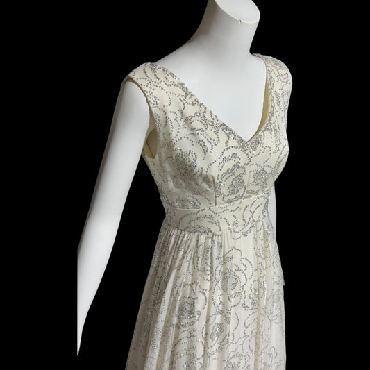 1960s vintage evening dress gown, white chiffon with sparkly silver rose sequins wedding bridal gown
