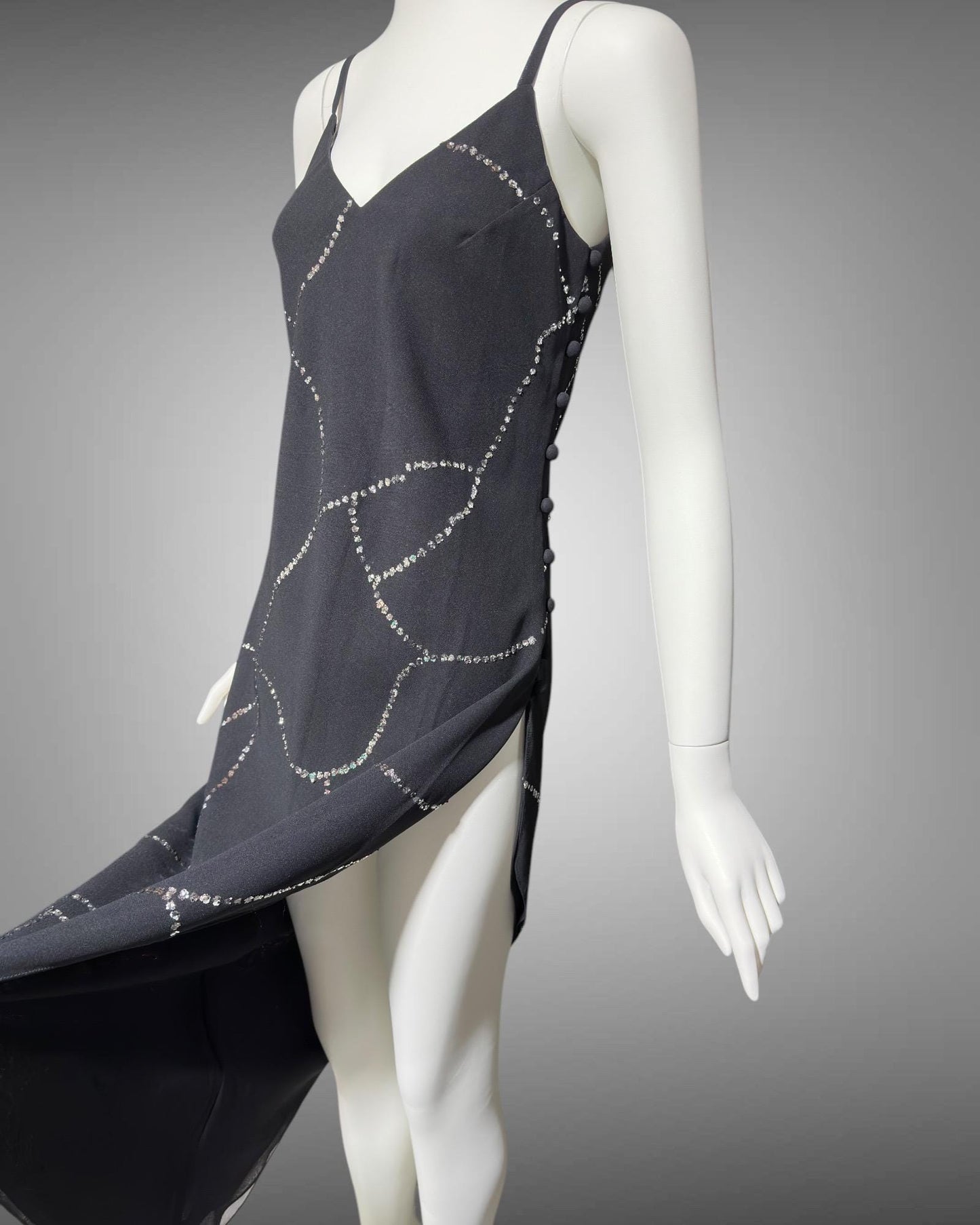 ALYCE vintage 1990s black asymmetrical sheath cocktail dress, New Old stock, silver sequins