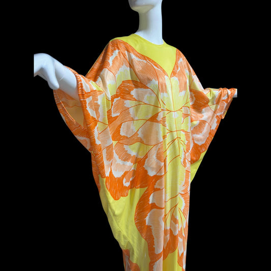 1970s Vintage butterfly caftan dress, Yellow and orange nylon butterfly motif loose house party dress