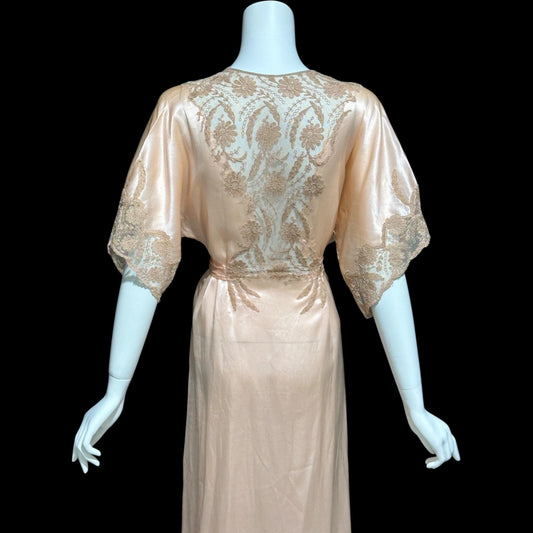 1930s vintage dressing gown robe, Shimmering Peach silk with amazing lace, wrap front house coat