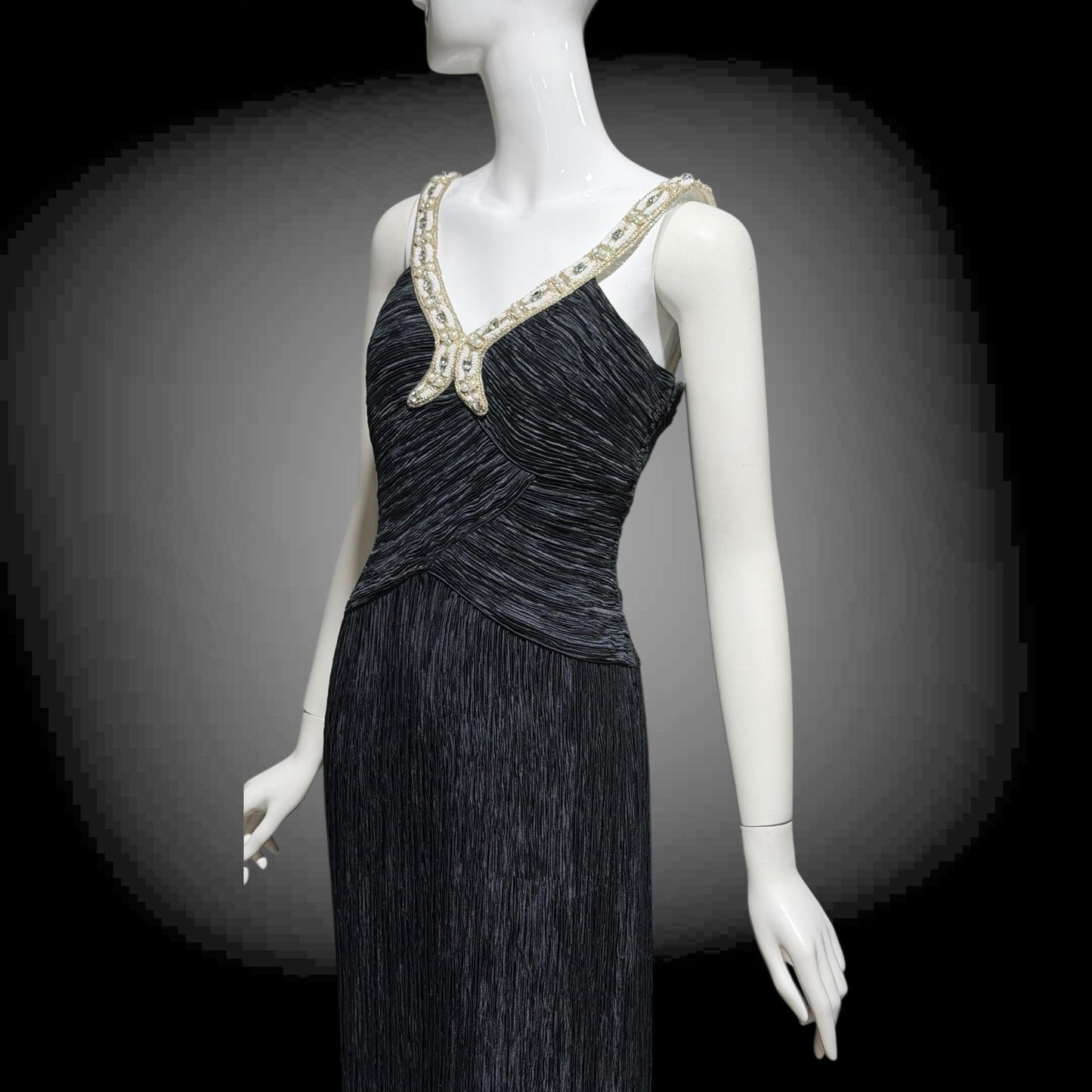 MARY MCFADDEN COUTURE vintage 1980s evening dress, I.Magnin black beaded plisse pleats gown