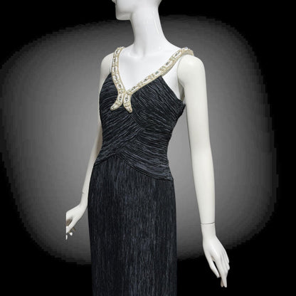 MARY MCFADDEN COUTURE vintage 1980s evening dress, I.Magnin black beaded plisse pleats gown