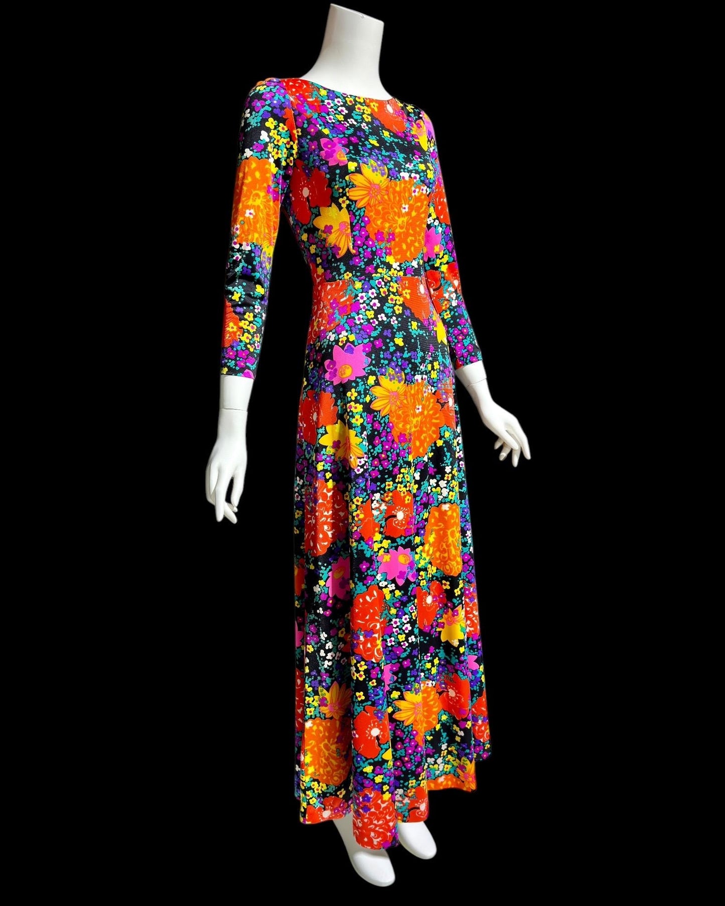 MARVELLA SCREEN PRINT, vintage 1960s neon floral maxi dress, Bold floral psychedelic dress with long sleeves