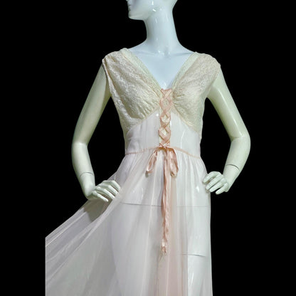 ODETTE BARSA vintage 1940s nightgown slip dress, Sheer pale pink with white lace full sweep Old Hollywood gown