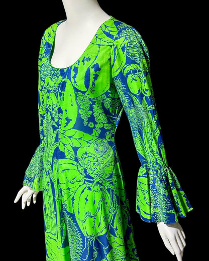 DESIGN THAI BANGKOK, vintage 1960s maxi party dress, Kelly Green and blue floral cotton dress