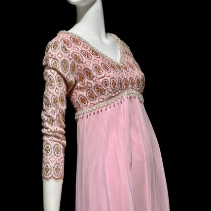 1960s Vintage evening dress, pink Bridgerton silk chiffon empire waist beaded lace formal scarf gown