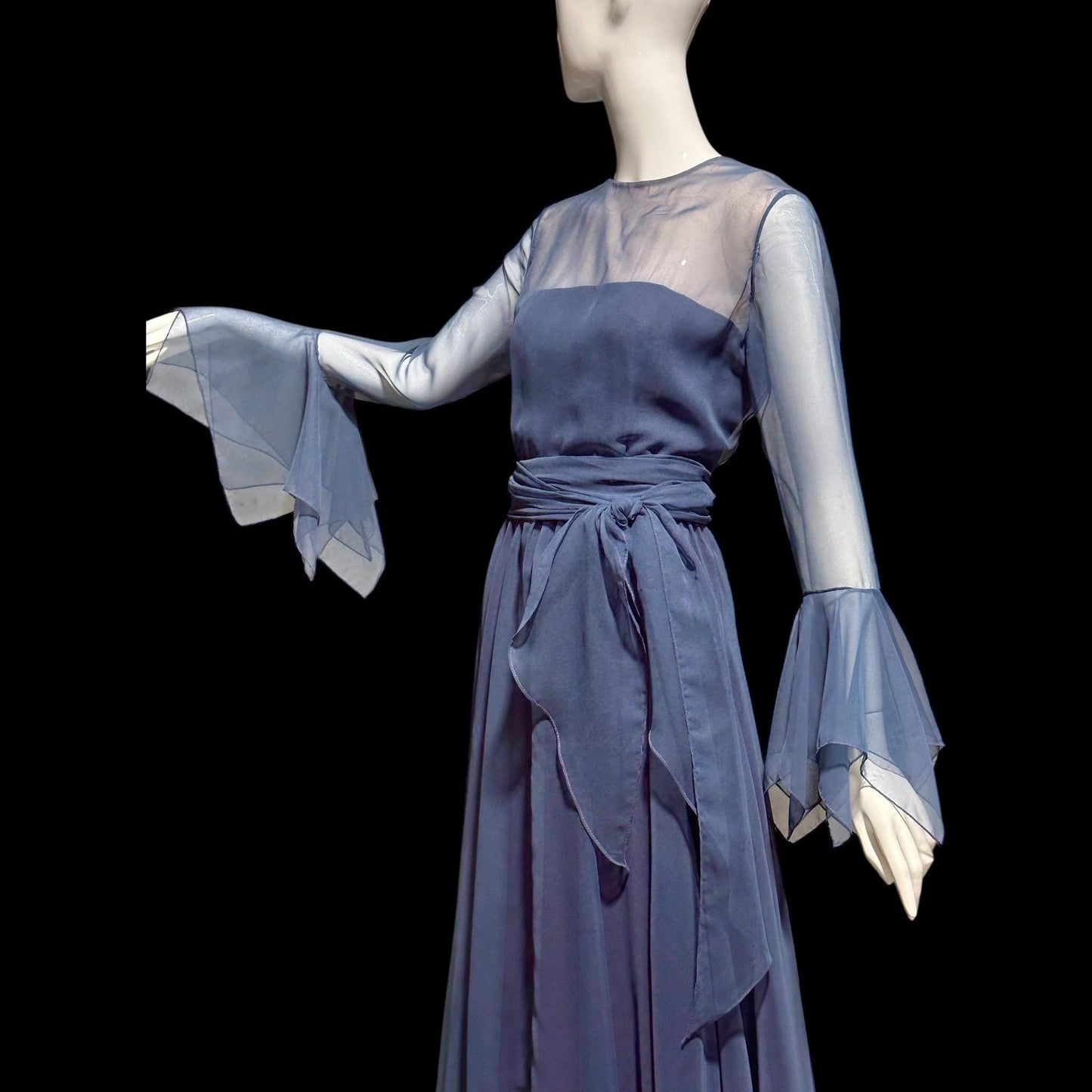 KIKI HART vintage 1960s evening dress, dusty blue poly chiffon gown, Scarf Sleeves