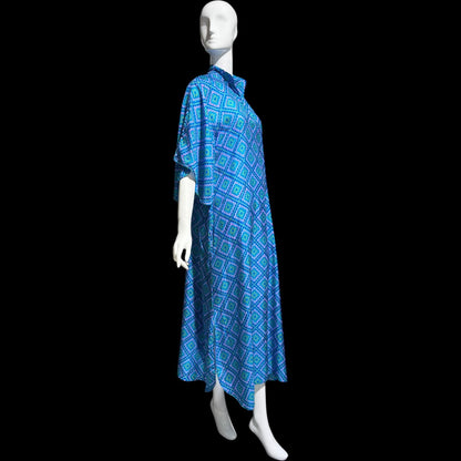 RAKSHA vintage 1970s Silk Caftan dress, Blue and green silk Hippie Boho Maxi Dress