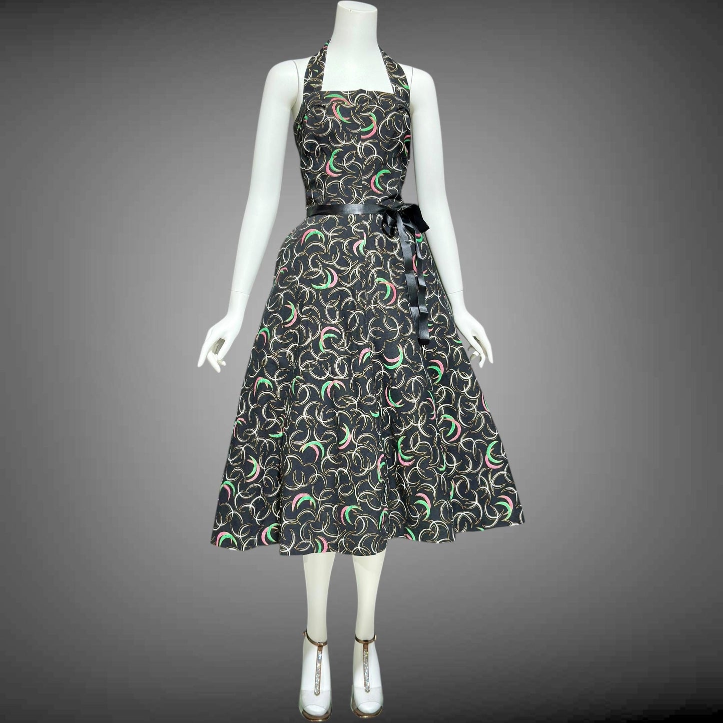 1950s vintage dress, Shelf bust Halter Sundress, Black and pink cotton pinup dress, 34 bust