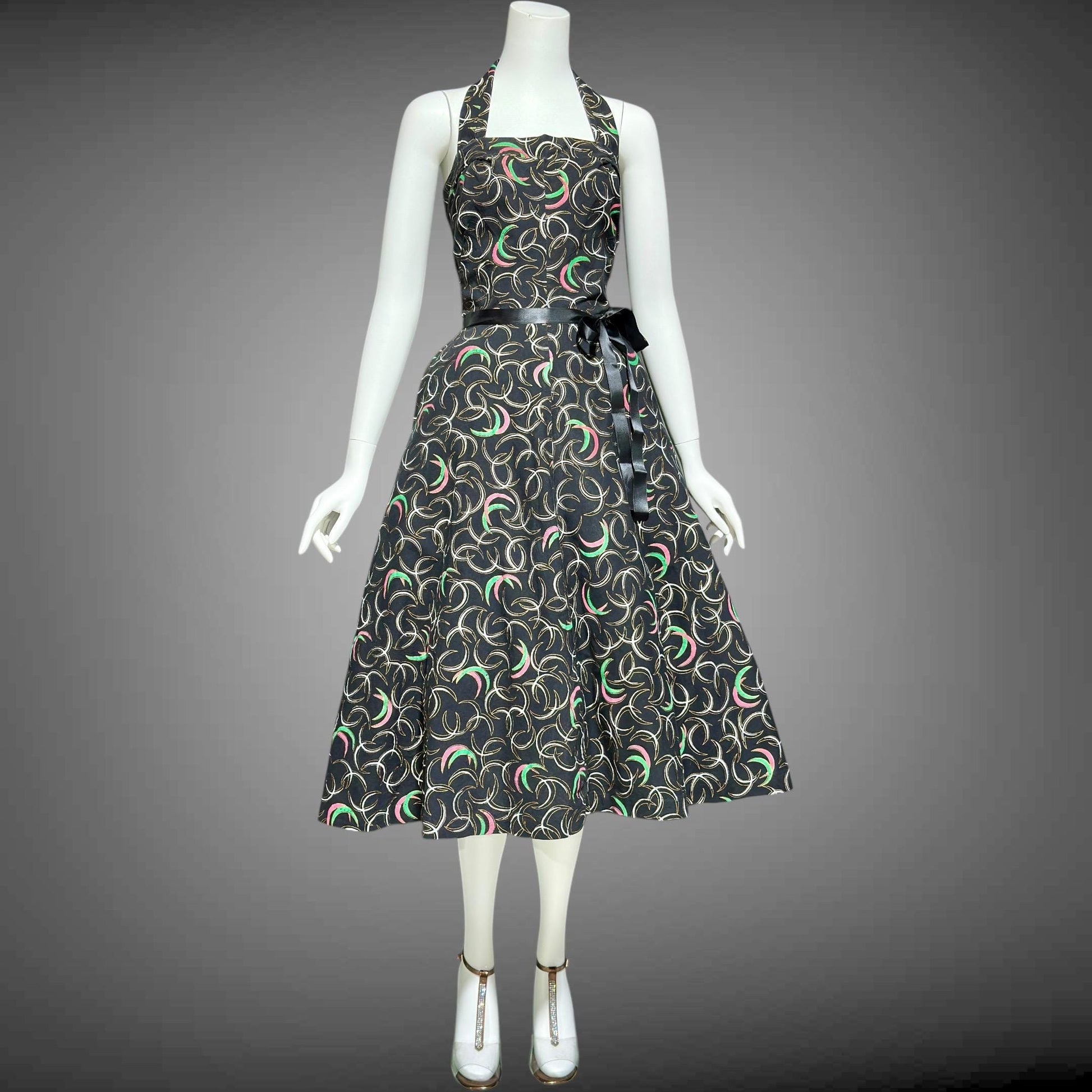1950s vintage dress, Shelf bust Halter Sundress, Black and pink cotton pinup dress, 34 bust