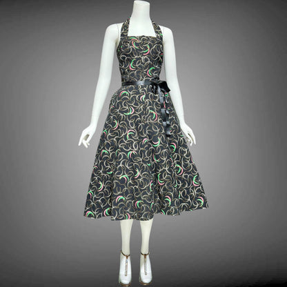 1950s vintage dress, Shelf bust Halter Sundress, Black and pink cotton pinup dress, 34 bust