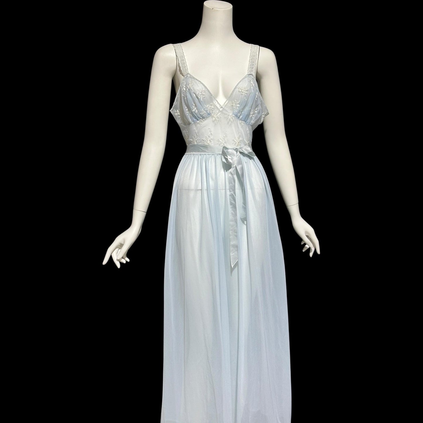 ROGER'S RUN-PROOF 1950s vintage Nightgown: powder blue sheer Nylon Slip Dress with white embroidery