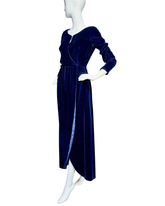 MOLLIE PARNIS vintage evening dress gown, 1960s blue velvet wrap dress, Morty Sussman