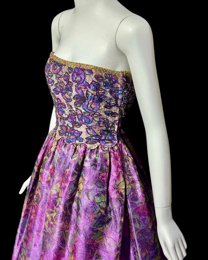 MARY MCFADDEN COUTURE, vintage 1980s evening dress, Saks Fifth Avenue Purple beaded floral ball gown