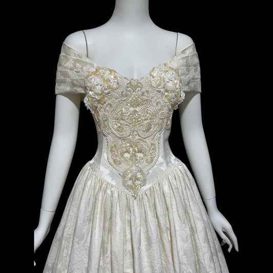 JESSICA MCCLINTOCK, vintage 1980s evening wedding dress, creamy white damask off shoulder gown