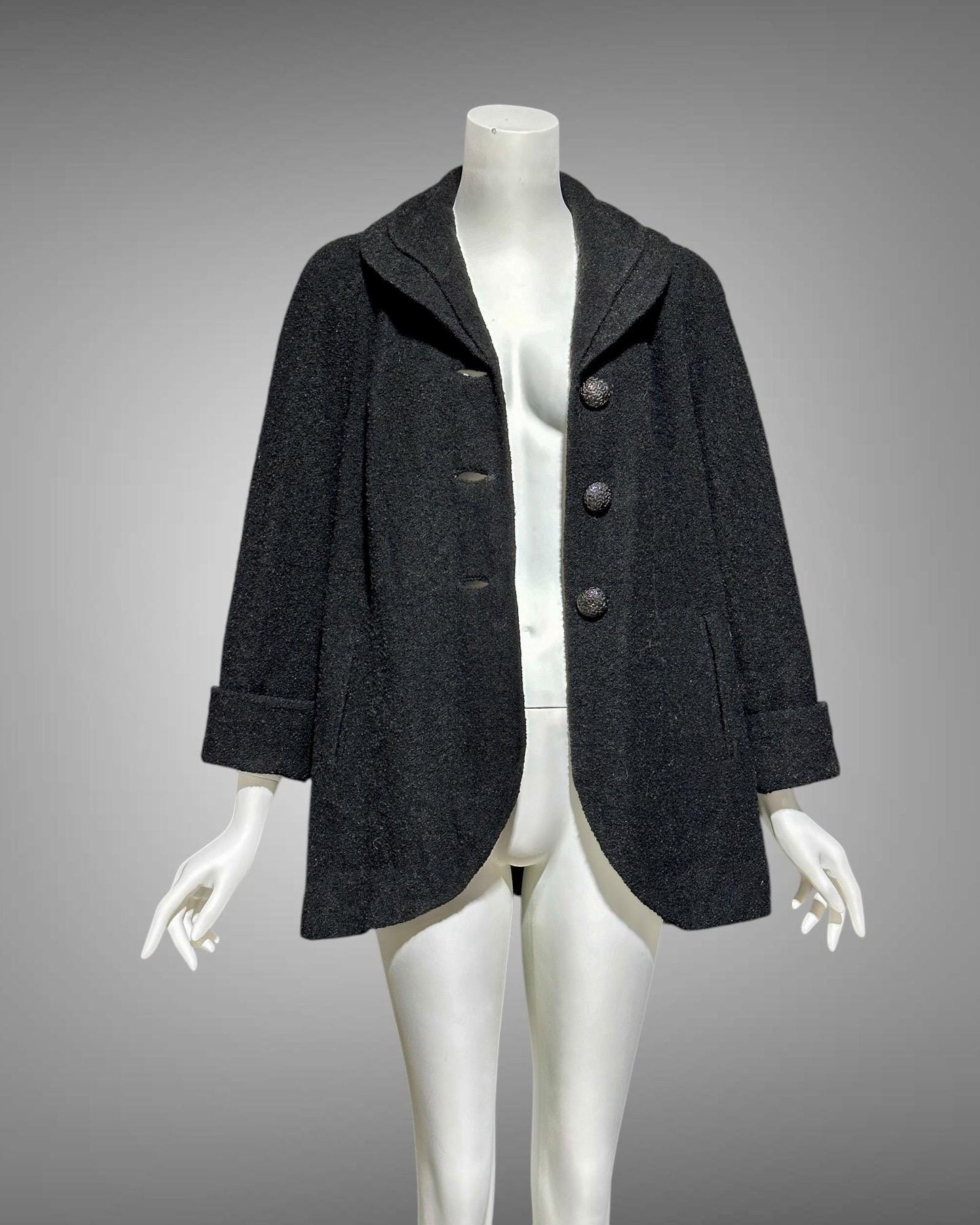 1940s vintage swing coat, black nubby wool jacket, portrait collar button front, evening opera coat