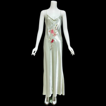 BONNIE STRAUSS, vintage 1990s slip dress, shiny satin bias cut sheath embroidered gown, 1940s style gown